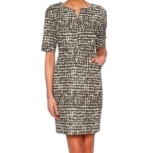 L.K. Bennett Dr Cho Sheath Dress Brown and Cream Front Pockets Elbow Sleeve 6